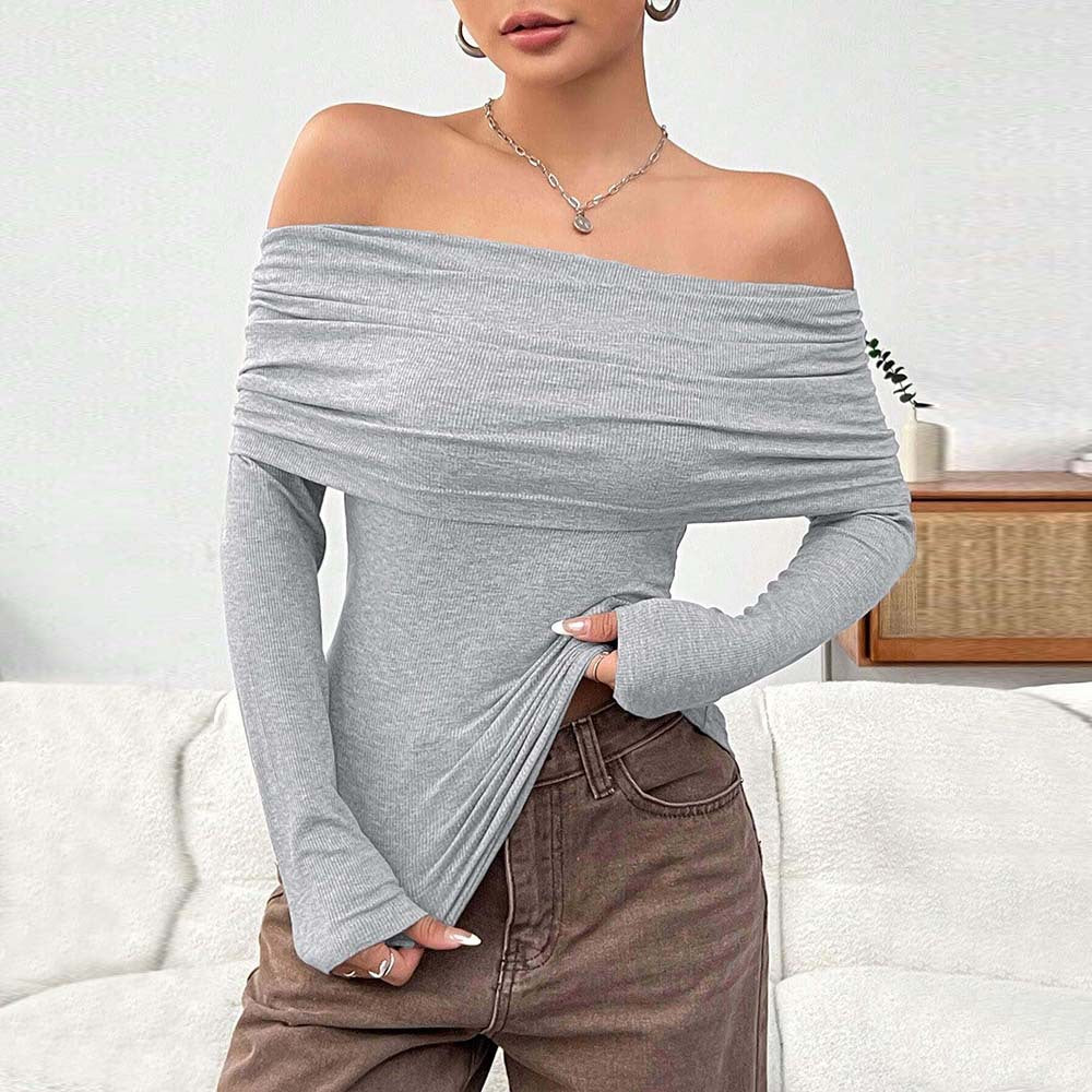 Damen eng anliegendes Off-Shoulder Rippstrick-Longsleeve mit gerafftem Wasserfall-Ausschnitt und Daumenloch – Avérine