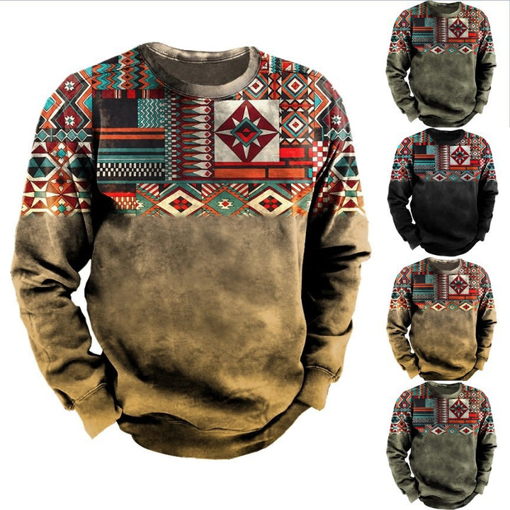 Herren-Sweatshirt mit ethnischem Blockdruck, Vintage-Fade-Effekt und Rundhalsausschnitt – Norvane