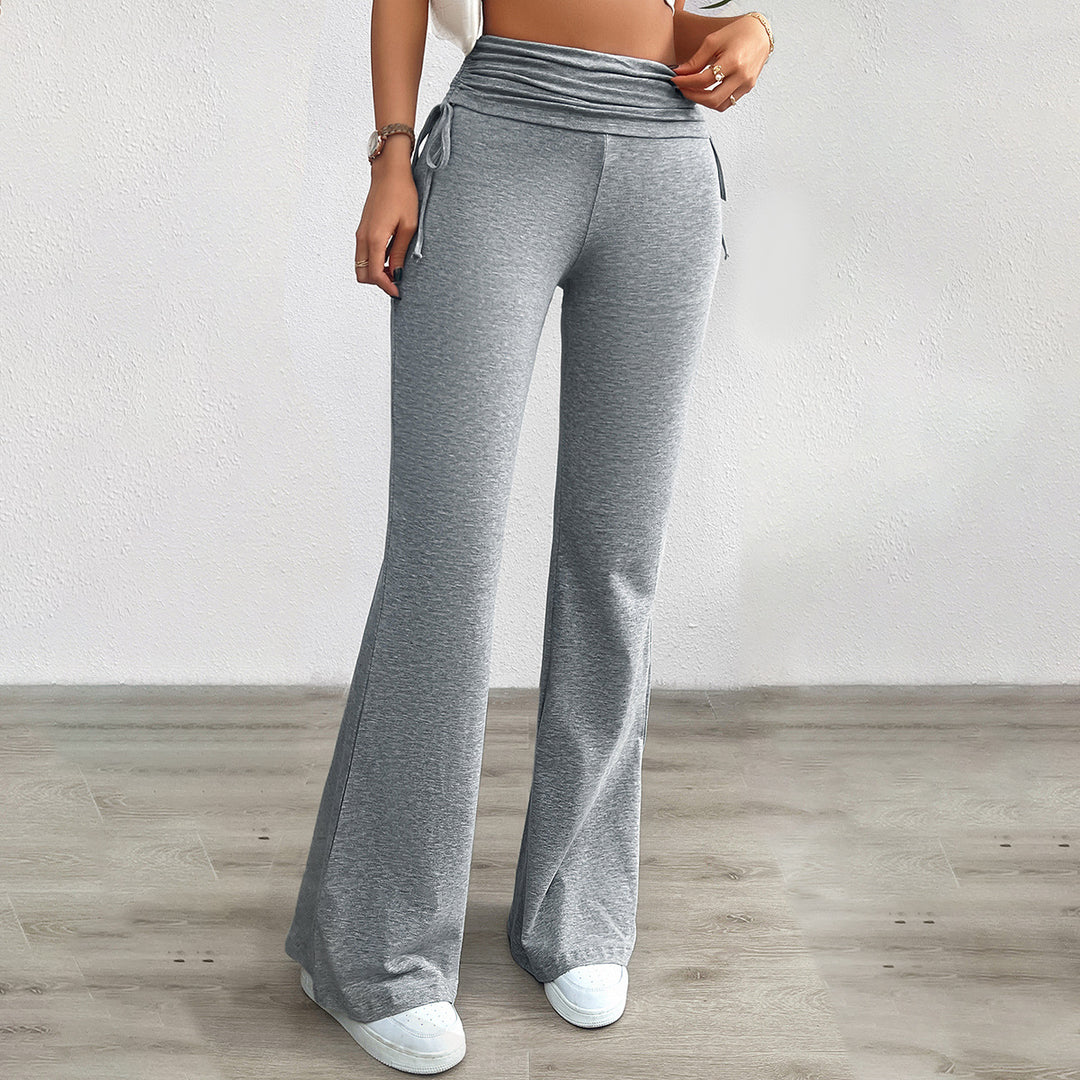 Damen weiche Palazzo-Loungehose mit Umschlagbund, seitlichen Kordelzügen und ausgestelltem Bein – Avélisse