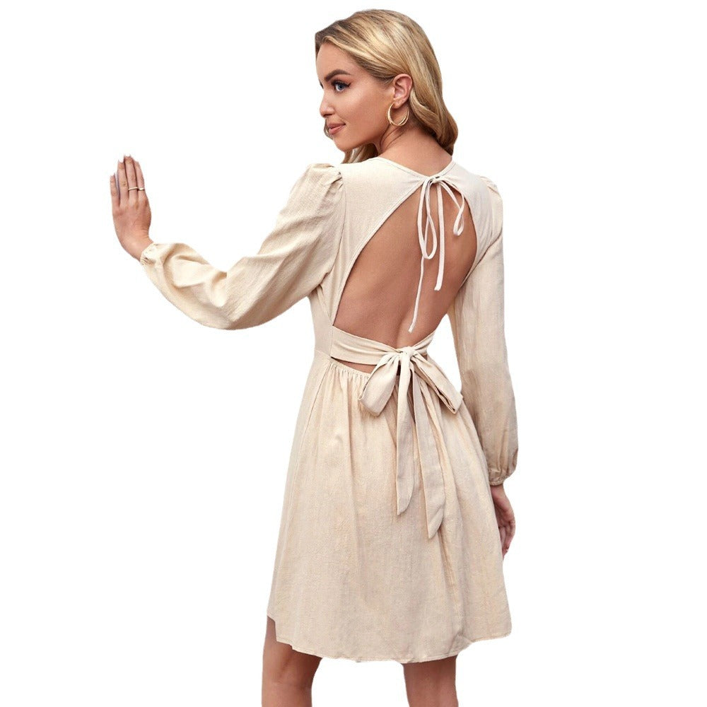 Damen rückenfreies A-Linien Kleid mit Taillenband, Neck-Tie und langen Ballonärmeln – Élara