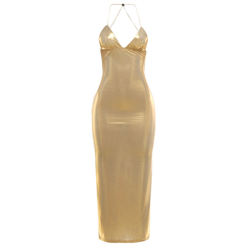 Damen Figurbetontes Maxikleid mit Spaghettiträgern und schimmernder Oberfläche Echo Archiv