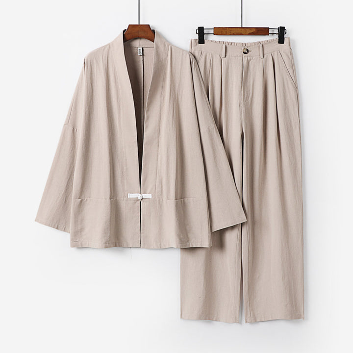 Damen Kimono-Lounge-Set aus leichtem Viskose-Leinen mit dekorativem Knebelverschluss und weiter Bundhose Echoarchiv