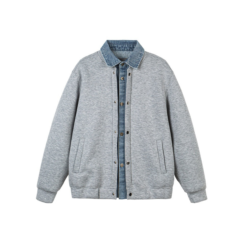 Unisex Lagenlook-Boxy Blouson mit integriertem Denim-Kragen und Druckknopfleiste Echoarchiv