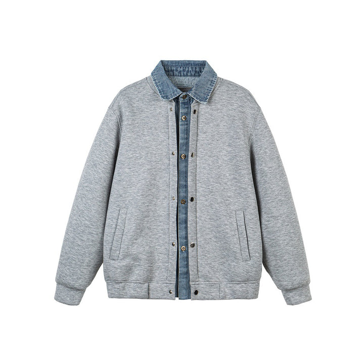 Unisex Lagenlook-Boxy Blouson mit integriertem Denim-Kragen und Druckknopfleiste Echoarchiv