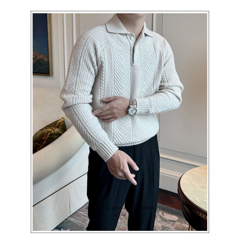 Herren Polokragen-Zopfstrick-Pullover mit halber Knopfleiste Echoarchiv