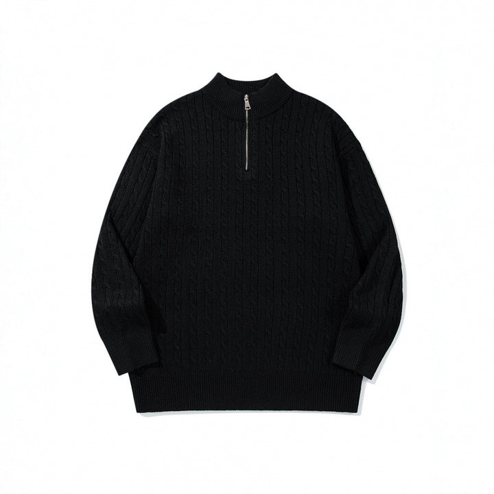 Unisex Oversize Zopfstrick-Halbzippullover mit kurzem Stehkragen und breitem Rippbund Echo Archiv