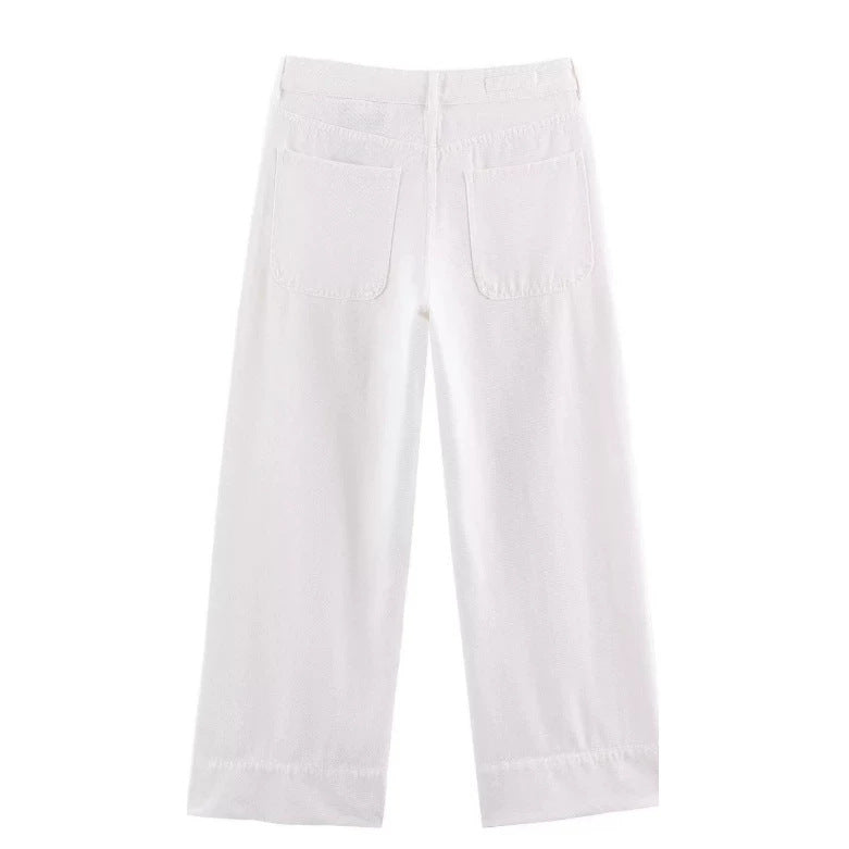 Damen Hochtaillierte weite Leinenhose mit Bügelfalte und aufgesetzten Taschen Echo Archiv