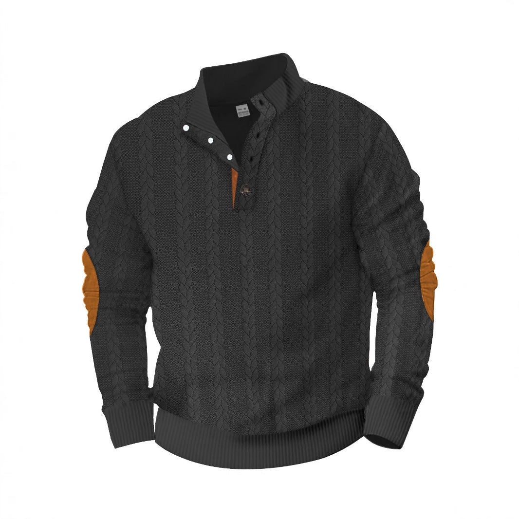 Herren nan lässiger Zopfstrickpullover mit verstärkter Knopfleiste und Wildleder-Ellenbogenpatches Echo Archiv