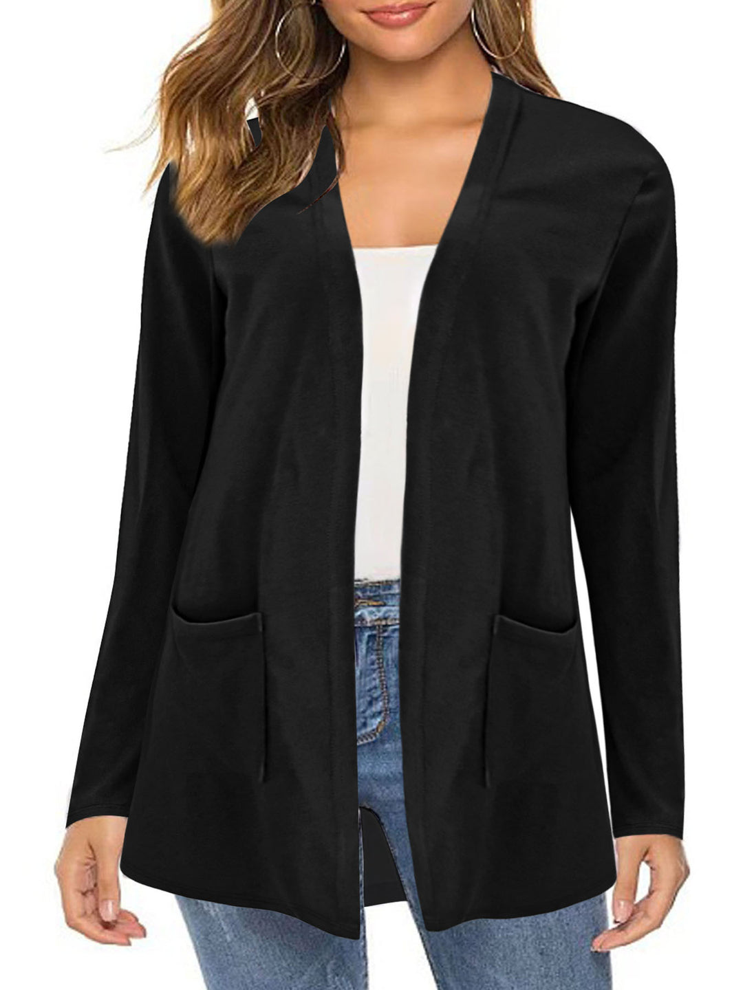 Damen Offene Longline-Cardigan mit aufgesetzten Taschen und schmalem Kragen – Veloura