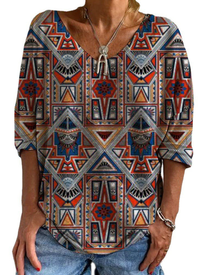 Damen Geometrische Boho-Tunika mit V-Ausschnitt und dreiviertelärmeln – Avérine