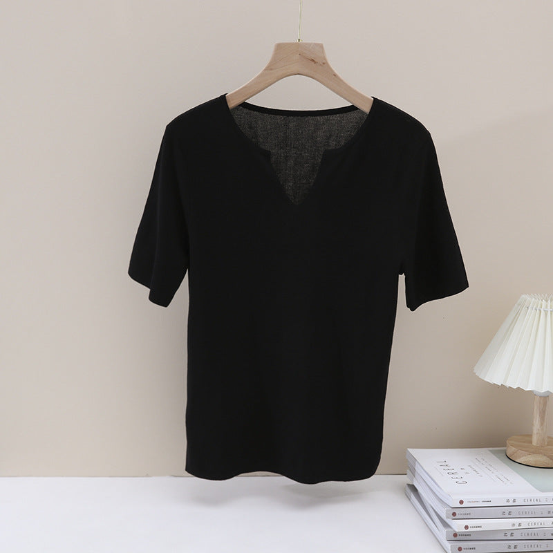 Damen Leichtes Kurzarm-Feinstrickshirt mit V-Notch-Ausschnitt und lockerem Fall Echo Archiv