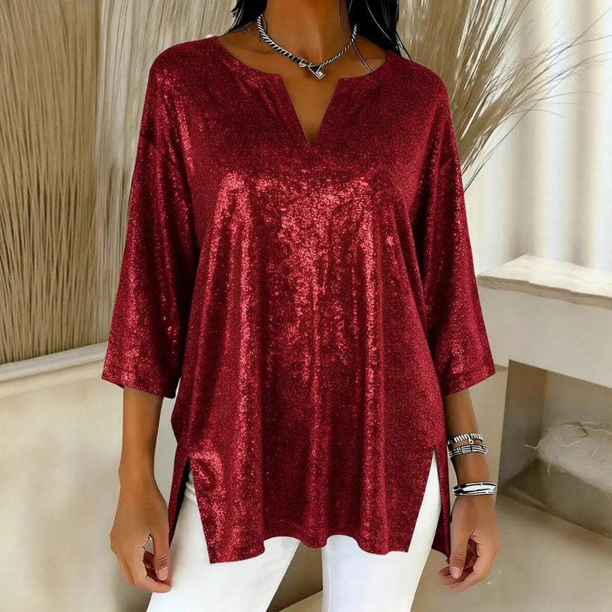 Damen Glitzerndes Oversize-Longshirt mit V-Ausschnitt und seitlichen Schlitzen Echoarchiv