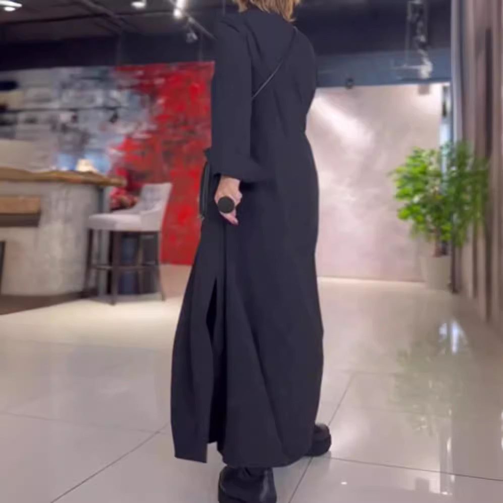 Damen Lange Maxi Kleid mit Stehkragen, Seitentaschen und Lockerem Fall Echoarchiv