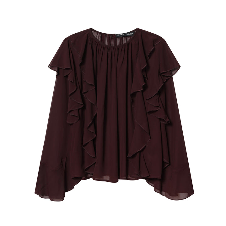 Damen voluminöse Chiffonbluse mit mehrlagigen Volants, gerafftem Ausschnitt und lockerem Fall – Élovi