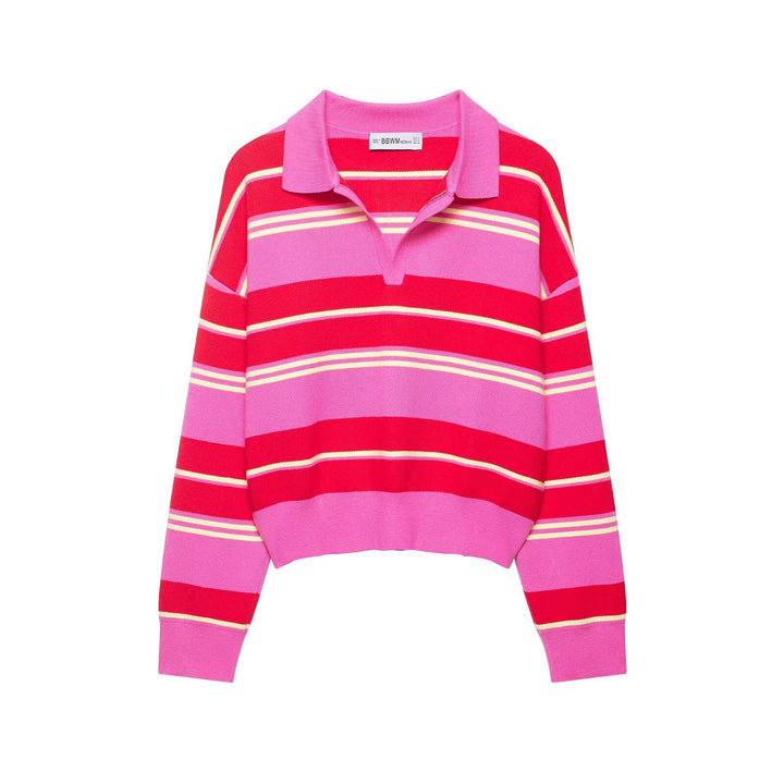 Damen Gestreifter Rugby-Polo-Pullover mit V-Notch und Cropped-Saum Echo Archiv