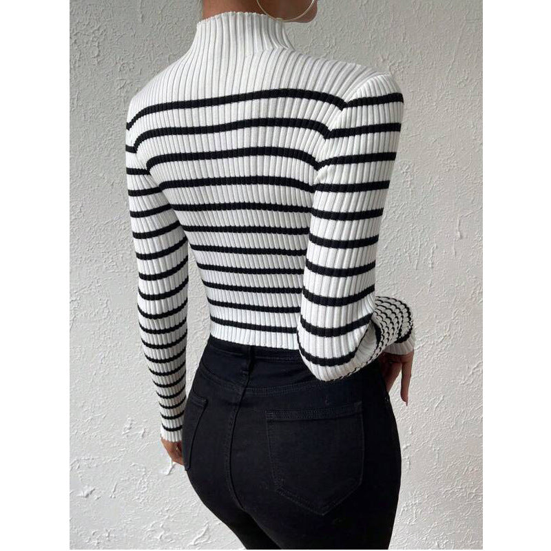 Damen Feinstrick-Pullover mit kurzem Stehkragen, Rippenstruktur und maritimen Streifen Echo Archiv