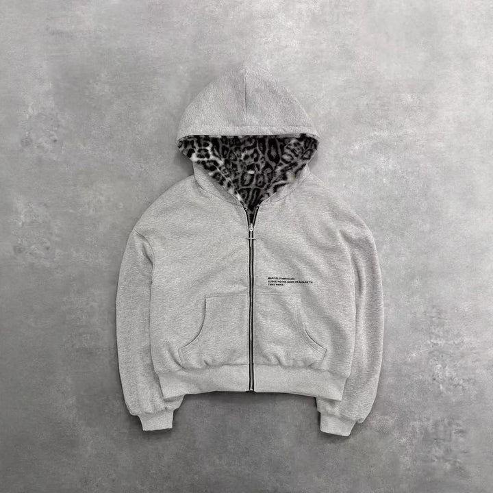 Unisex Kapuzen-Sweatjacke mit Kunstfellfutter, verkürztem Schnitt und Kreuz-Reißverschluss Echo Archiv