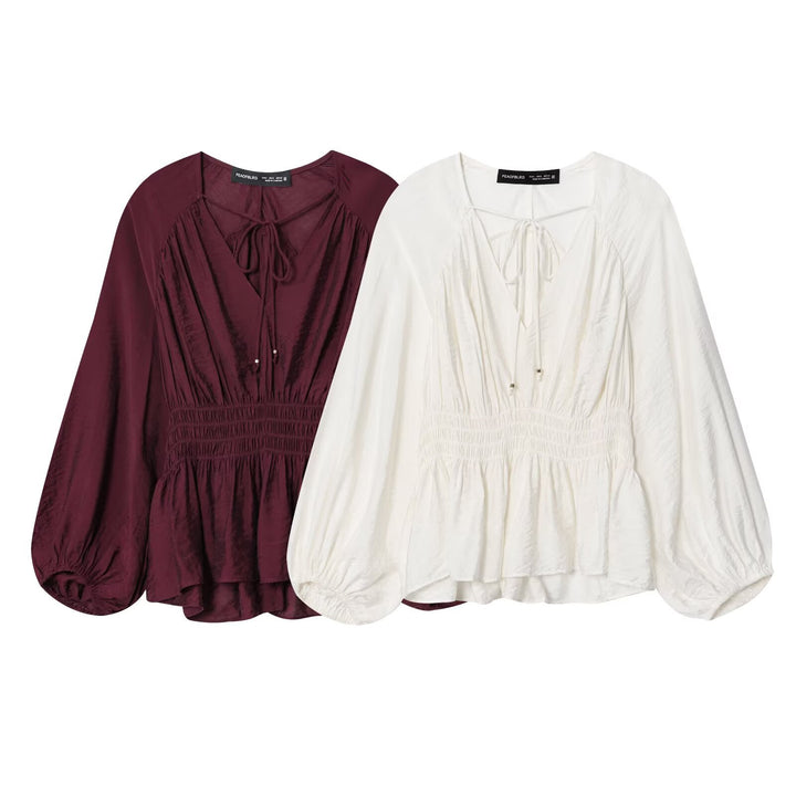 Damen Boho-Bluse mit Smock-Taillenbund, V-Ausschnitt und Ballonärmeln Echoarchiv