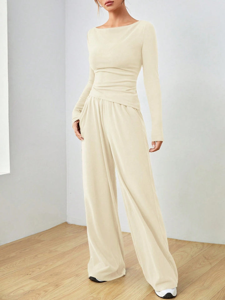 Damen Lässiges Two‑Piece Lounge‑Set mit U‑Boot‑Ausschnitt, taillierter Drapierung und weitem Palazzohose Echo Archiv