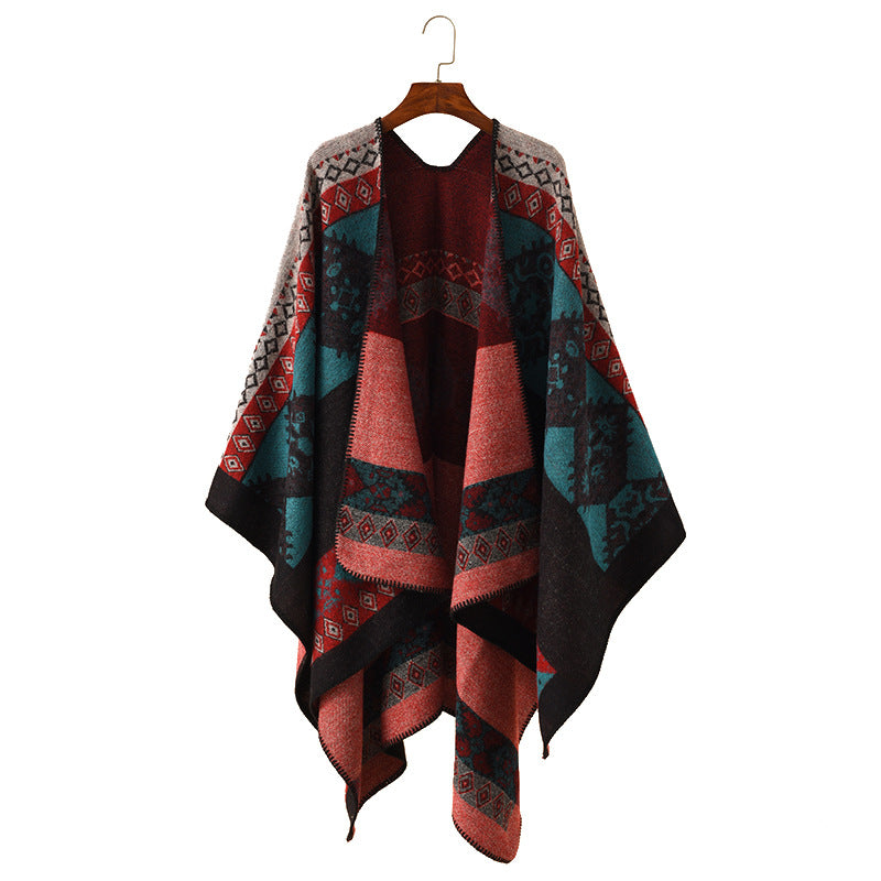 Damen Oversize Strickponcho mit folklorischem Jacquardmuster – Avérine