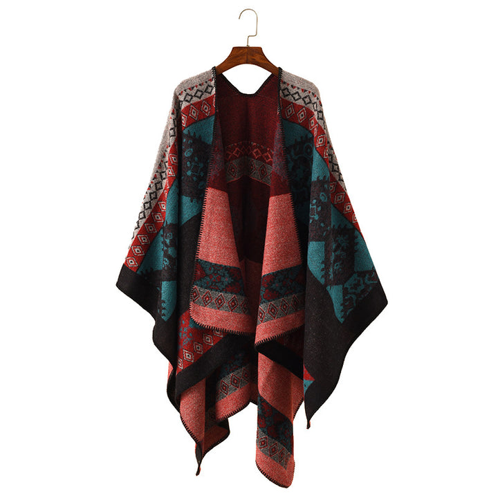 Damen Oversize Strickponcho mit folklorischem Jacquardmuster – Avérine