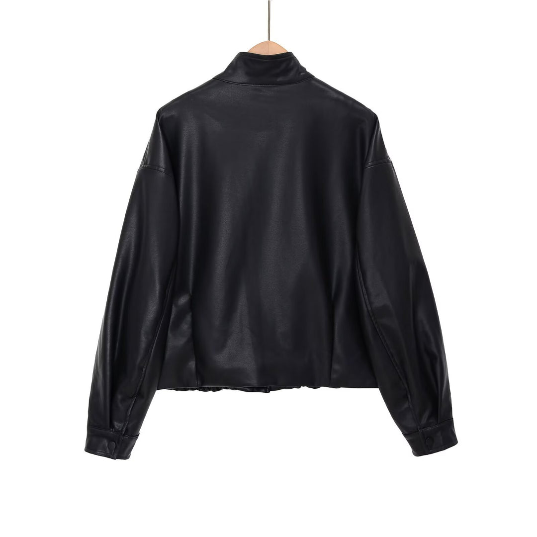 Damen kurze PU-Leder Bomberjacke mit Stehkragen, Druckknopfleiste und elastischem Saum – Avenza