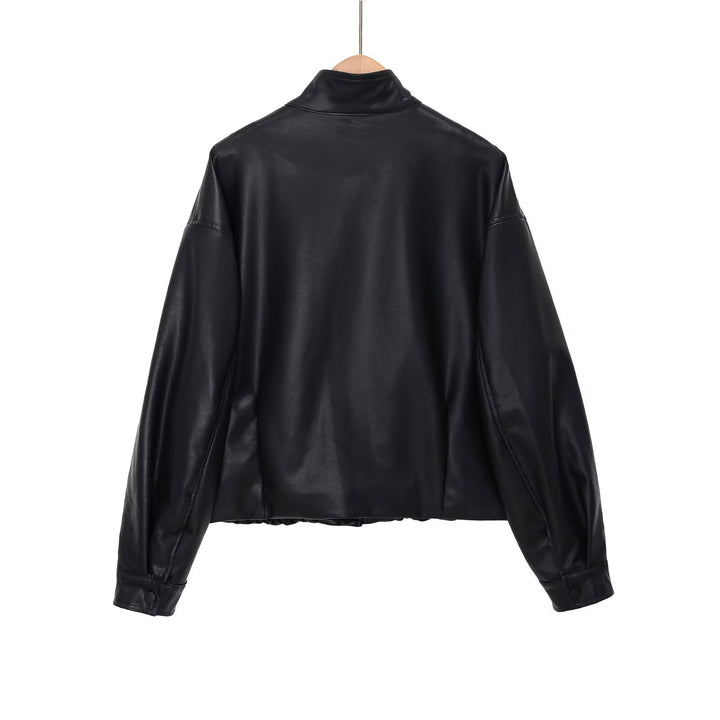 Damen kurze PU-Leder Bomberjacke mit Stehkragen, Druckknopfleiste und elastischem Saum – Avenza