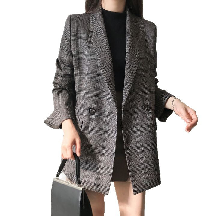Damen Eleganter karierter Blazer mit doppelter Knopfleiste Echo Archiv