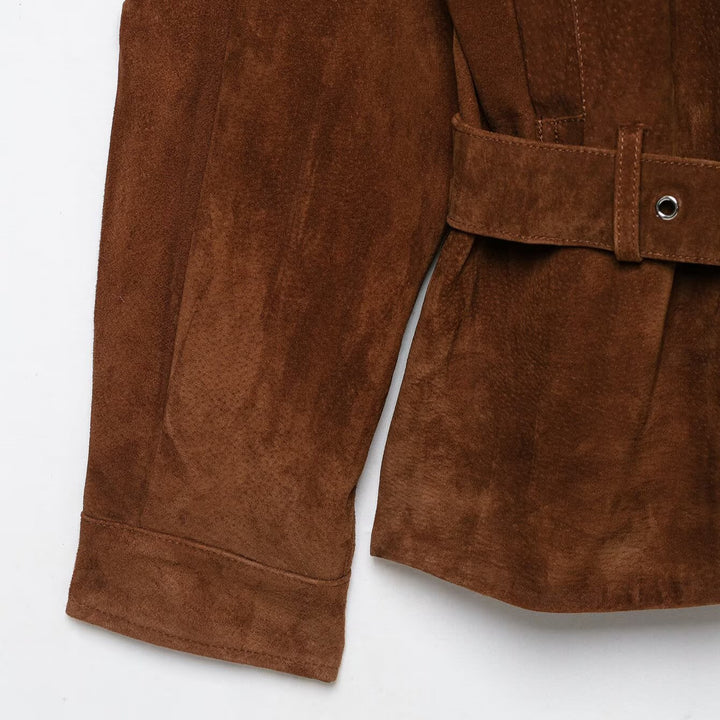 Damen Taillenbetonte Velourslederjacke im Trenchstil mit Stehkragen und breitem Bindegürtel Echoarchiv