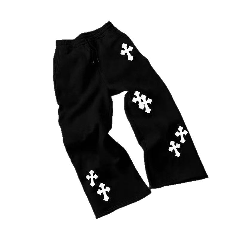 Herren Weite Sweatpants mit Gothic-Kreuz-Print, Tunnelzug & Tiefer Schritt Echo Archiv