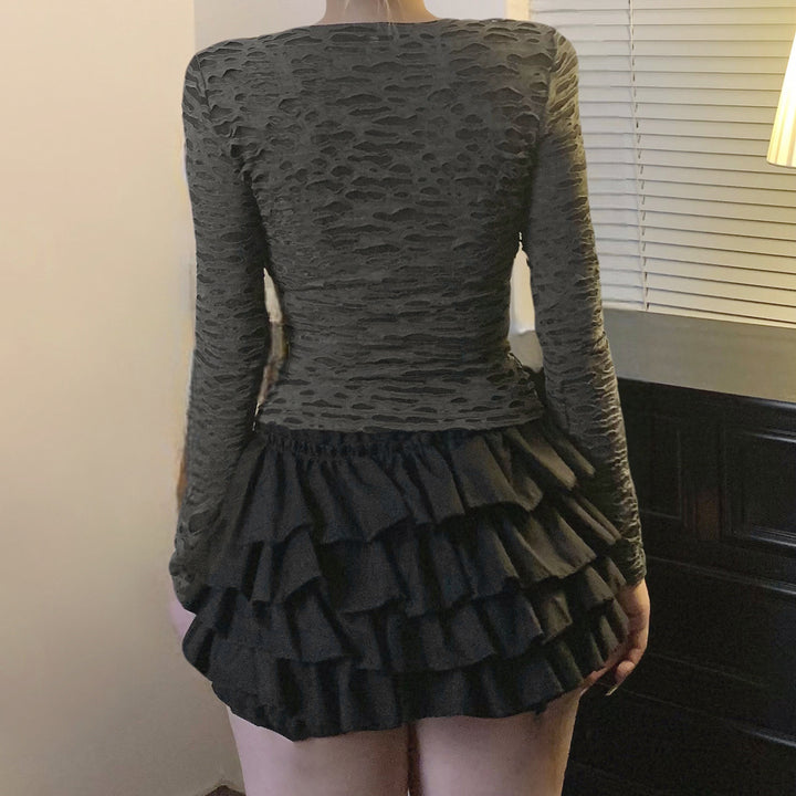 Damen Figurbetontes strukturiertes Langarmshirt mit metallischem Skelettprint Echo Archiv