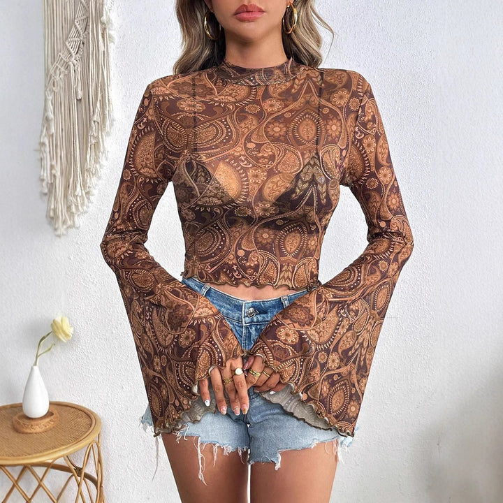 Damen nan transparentes Paisley-Netz-Kurzoberteil mit Stehkragen, Trompetenärmeln und gewelltem Saum Echo Archiv