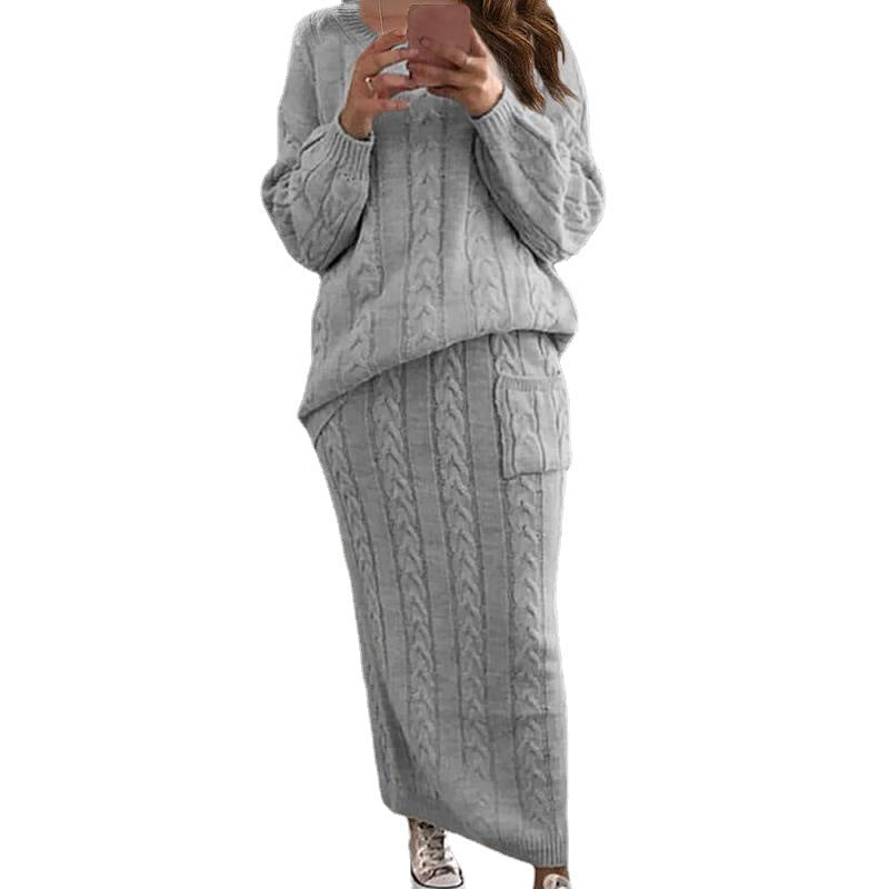 Damen nan Strickset Oversized Zopfmuster-Pullover und Maxi-Bleistiftrock mit aufgesetzter Tasche Echo Archiv