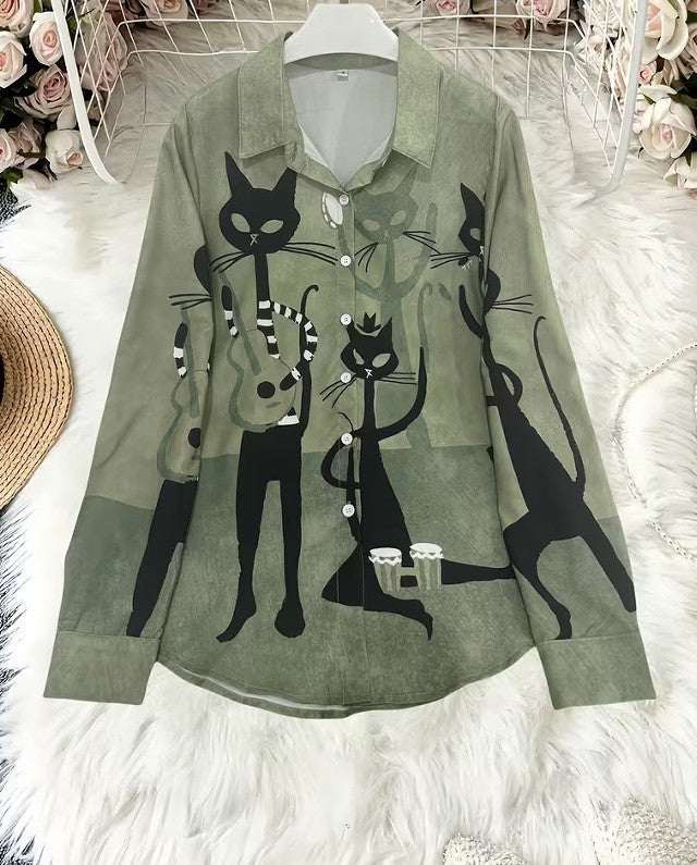 Damen Modische Hemdbluse mit einzigartigem Katzenmotiv Echoarchiv