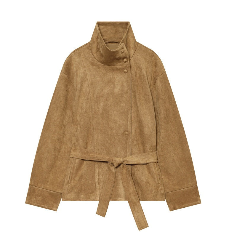 Damen Kurzjacke im Boxy-Cut aus Velourslederoptik mit hohem Stehkragen und Bindegürtel Echo Archiv