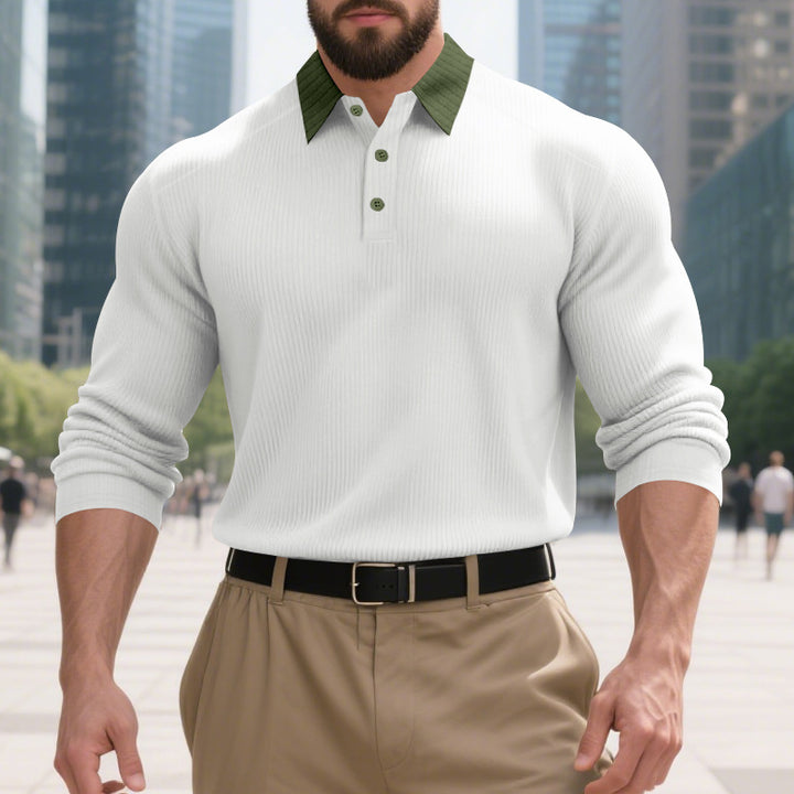 Herren langärmliges Polo-Hemd mit strukturierter Oberfläche und innovativem Kragen Echoarchiv