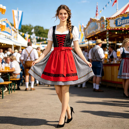 Damen nan kurztailliertes Dirndlkleid mit Schnürmieder und Schürze Echo Archiv