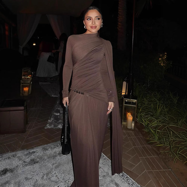 Damen Figurbetontes Abendkleid mit asymmetrischer Drapierung, gerafftem Oberteil und langer Drapé‑Schleife Echoarchiv