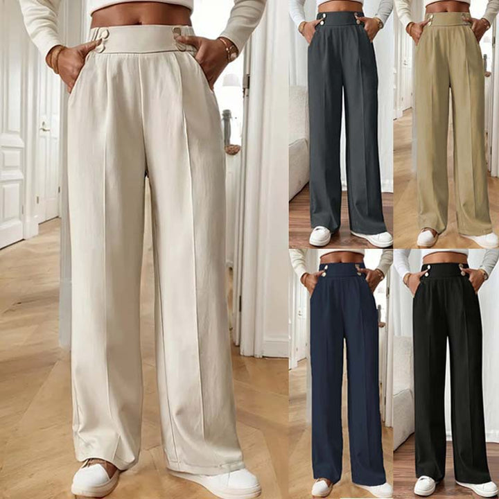 Damen Hochtaillierte Weite Palazzo‑Hose mit Bundknöpfen, Bügelfalte und Eingrifftaschen Echoarchiv