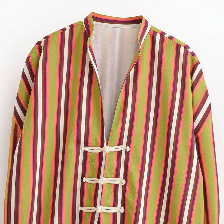 Damen Gestreifte Kimono‑Jacke mit kurzen Trompetenärmeln und dekorativen Knotenverschlüssen Echo Archiv