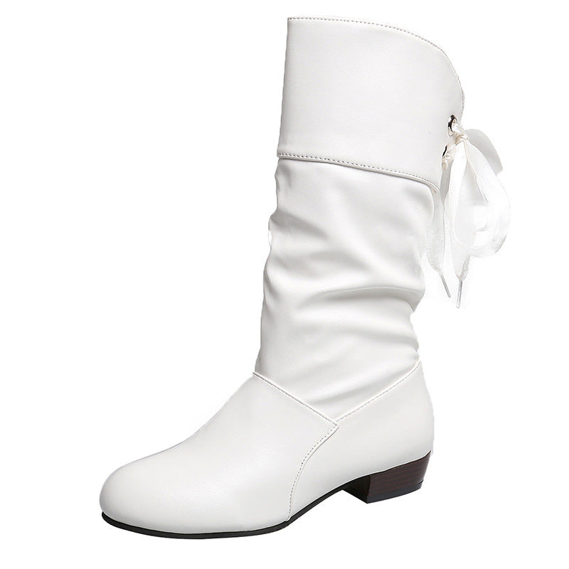 Damen Wadenhohe Slouch‑Stiefel mit dekorativem Satinschnürband und niedrigem Blockabsatz Echo Archiv