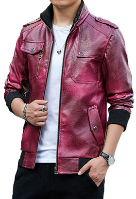 Herren Kunstleder-Flightjacke mit Brust- und Reißverschlusstaschen, Stehkragen und Rippbündchen – Taviero