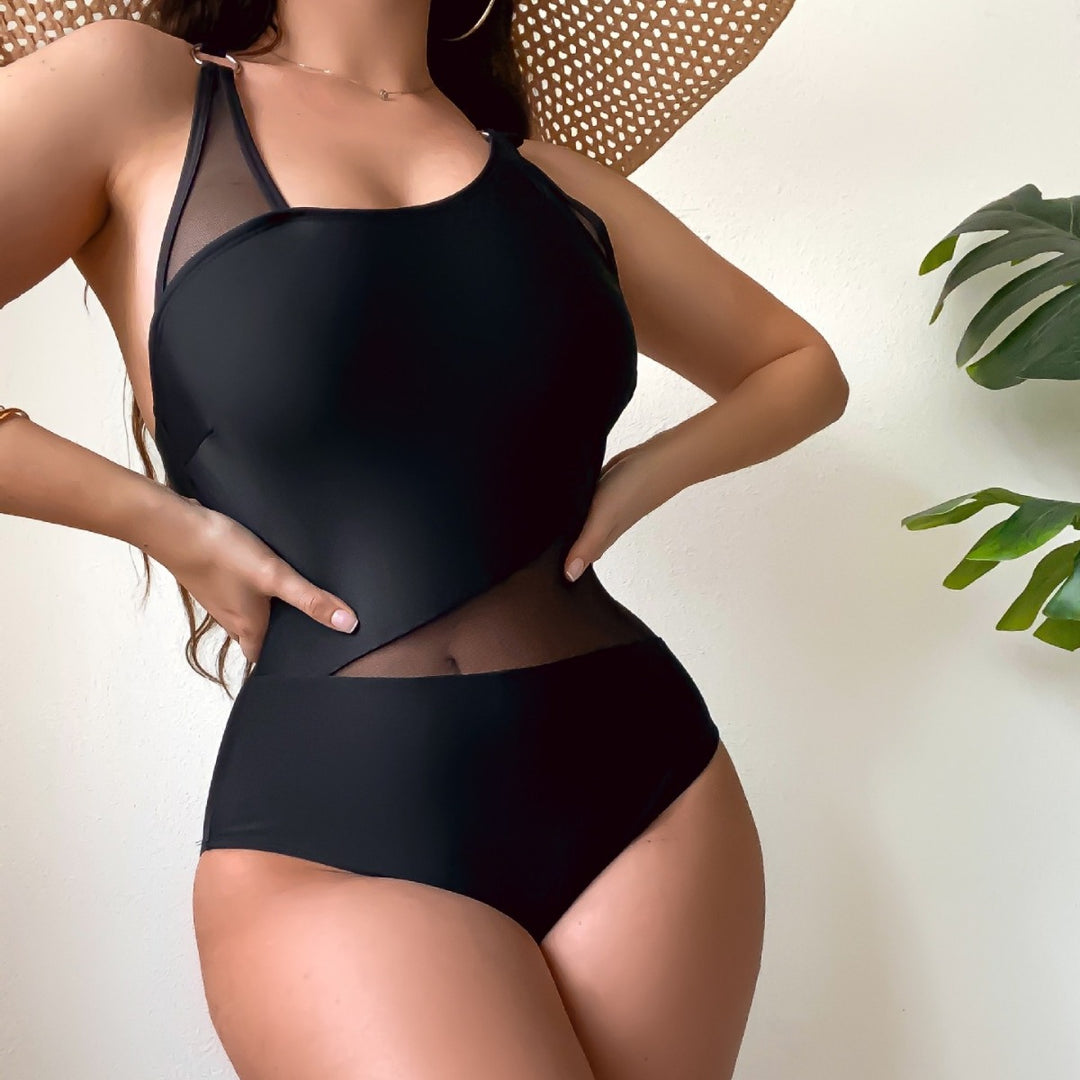 Damen Einteiliger Badeanzug mit transparenten Einsätzen und asymmetrischem Design Echo Archiv