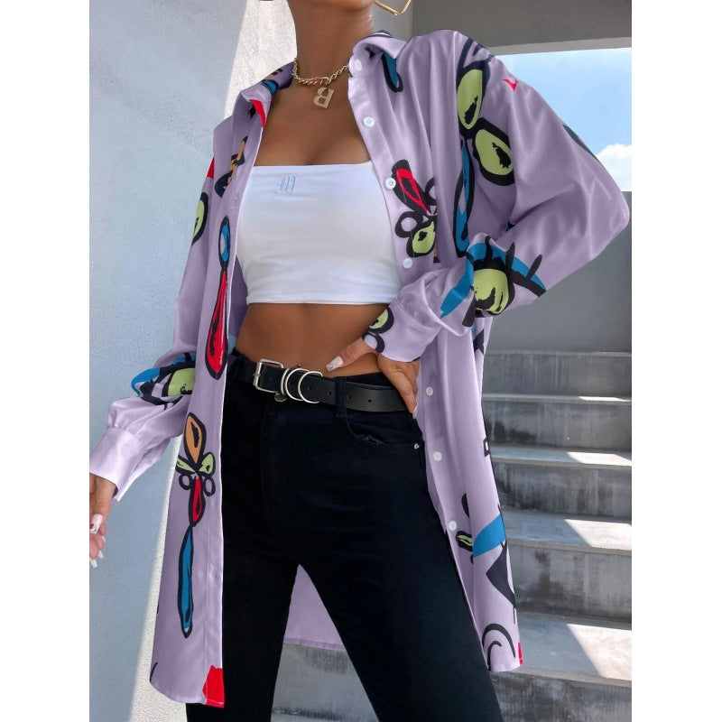 Damen Oversized Longbluse mit Pop‑Art‑Print, Hemdkragen und durchgehender Knopfleiste Echo Archiv