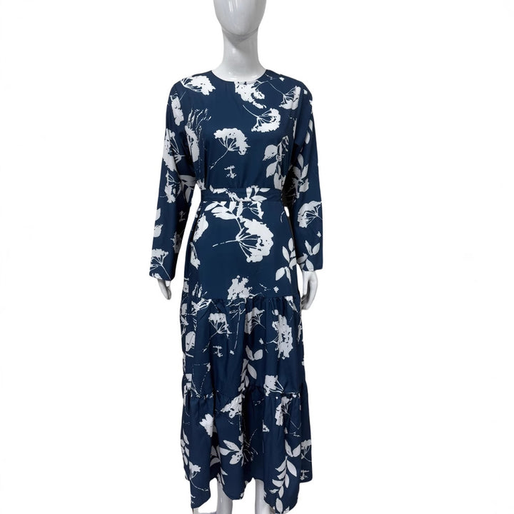 Damen Langes Blumen-Tiered-Maxikleid mit Taillengürtel & Rundhalsausschnitt Echoarchiv