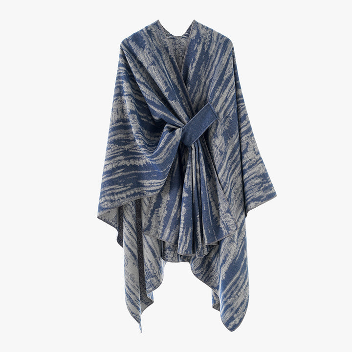 Damen Jacquard-Cape-Überwurf mit strukturierter Wellenoptik, Bindegürtel und asymmetrischem Zipfelsaum – Montévia