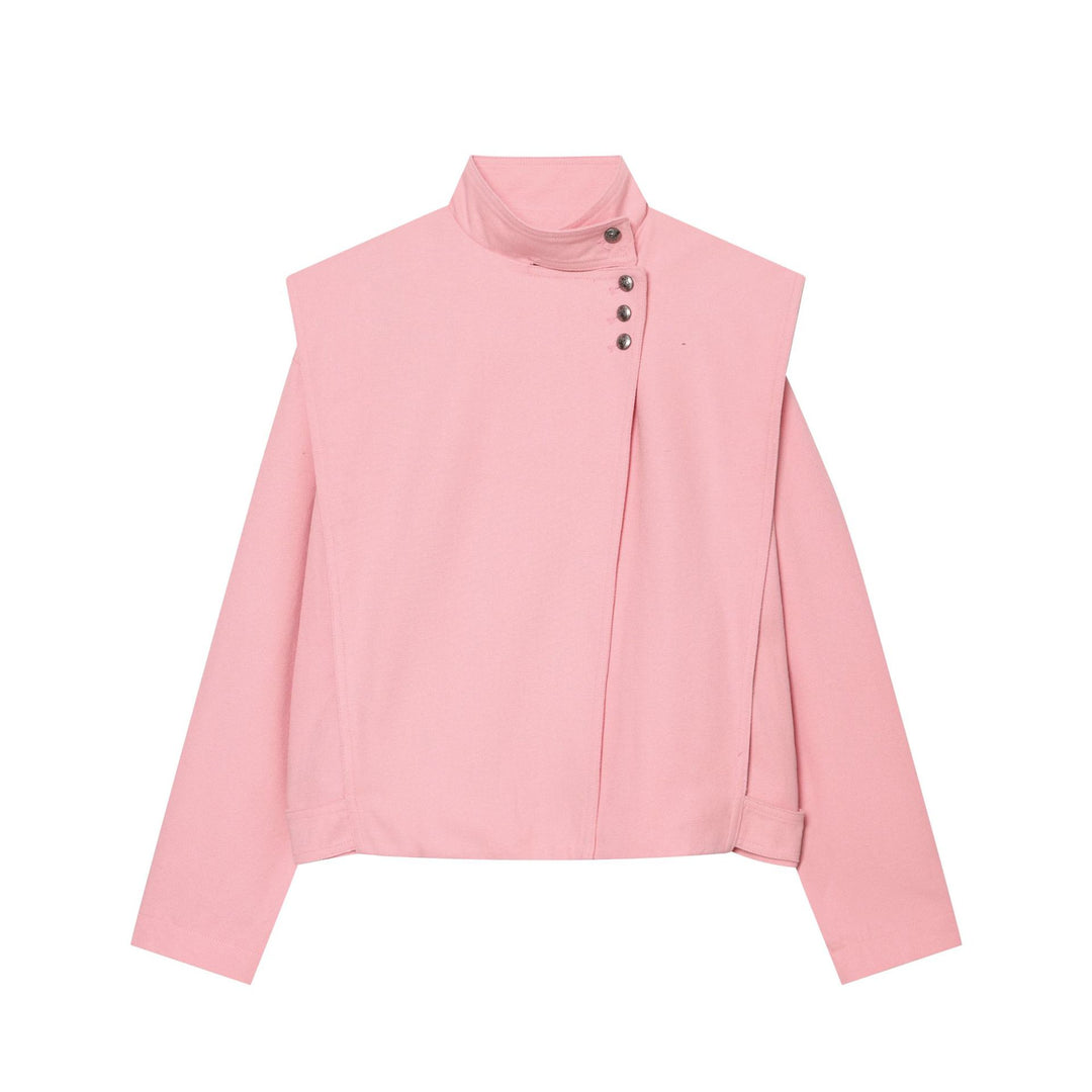 Damen kurz geschnittene Stehkragen‑Jacke mit asymmetrischer Druckknopfblende und Cape‑Schulter – Célinea