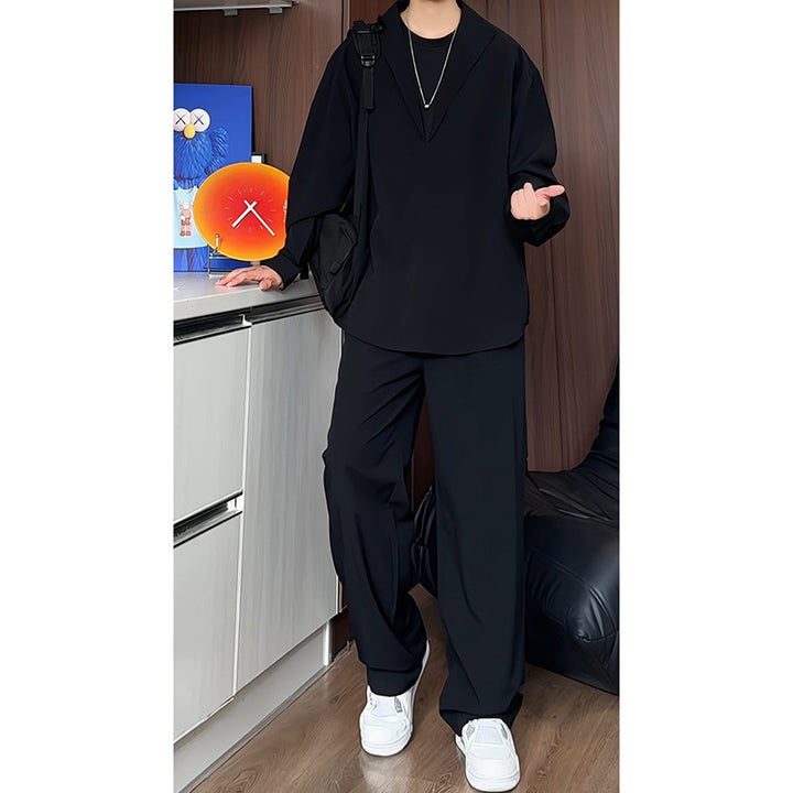 Herren nan locker geschnittenes zweiteiliges Freizeitset mit tiefem V-Ausschnitt Overshirt und weitem Bundfaltenhose Echo Archiv