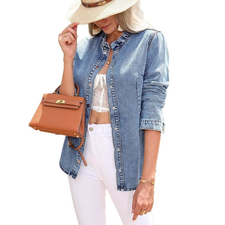 Damen Lässige lange Denim-Hemdjacke mit Stehkragen und Metallknopfleiste Echo Archiv