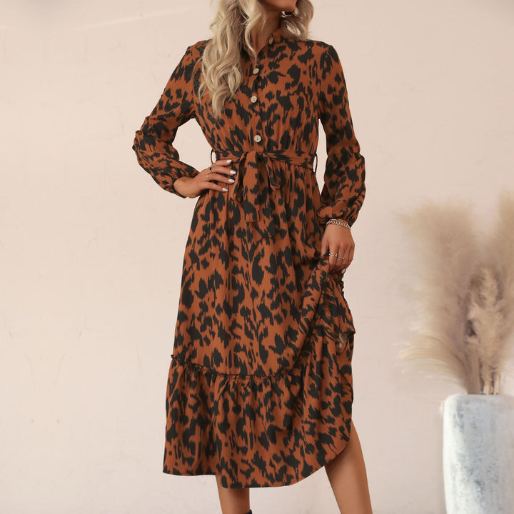 Damen Midikleid mit Animal-Print, Knopfleiste, Taillengürtel und Stufenrock Echoarchiv